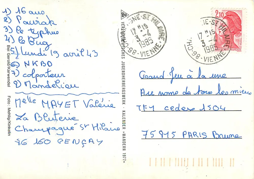 Montanhas nevadas — vista de Hinterstein — Verlag des Deutschen Jugendherbergswerks, n° 1985 - Verso