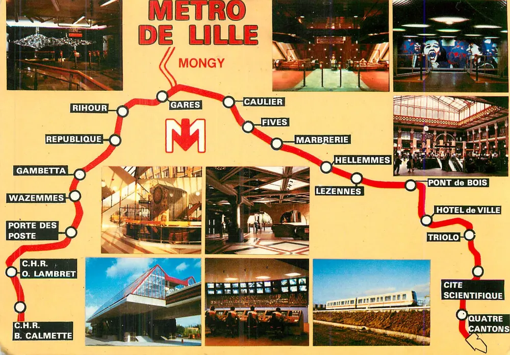 Lille Metro — Ansichtskarte, die die Linie M1 mit Fotos der Stationen zeigt - Vorderseite
