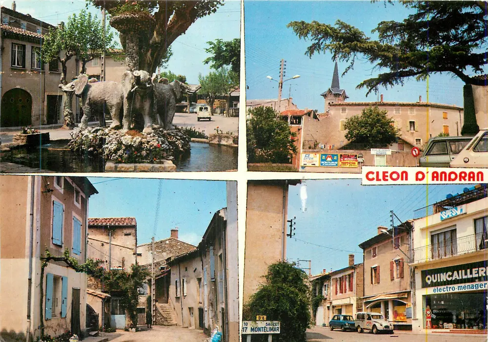 Cleons d'Andran — vista da praça com fonte de elefantes, igreja e rua comercial — Edições Cellaard - Frente