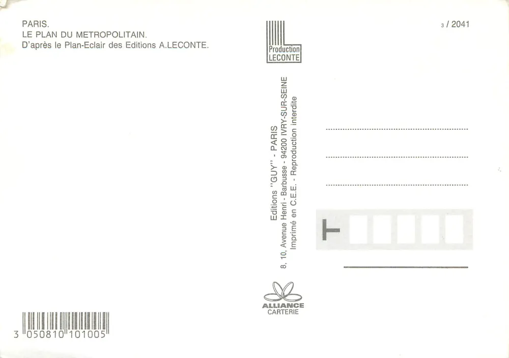 Paris - Plano do metropolitano — Éditions A. Leconte, n°3/2041 - Verso
