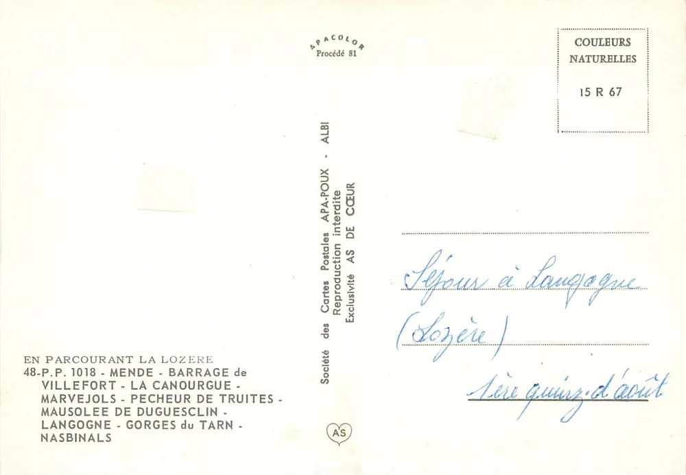 Lozère Turística — vista panorâmica, barragem, gargantas, cachoeira, monumento, aldeia — Sociedade das Cartas Postais APA-POUX, Albi - Verso