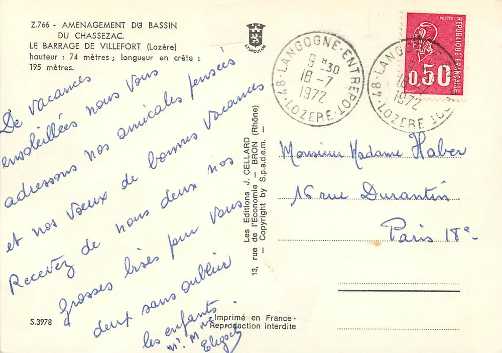 Barragem de Villefort — Lozère — Éditions J. Cellard - Verso