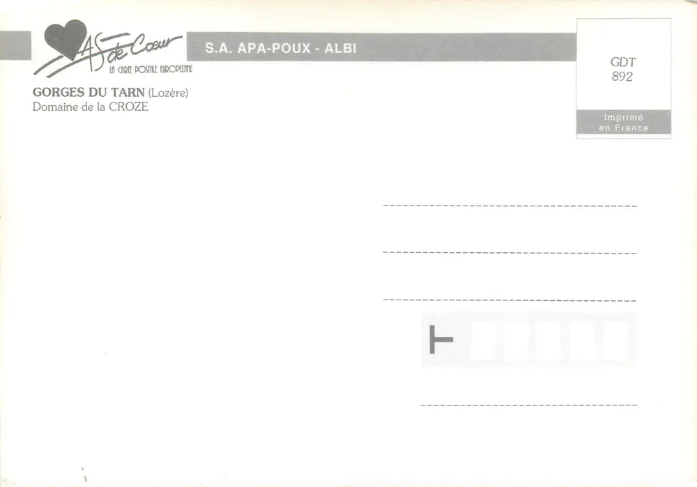 Gorges du Tarn — Domaine de la Croze — S.A. APA-POUX - ALBI, n° GDT 892 - Verso