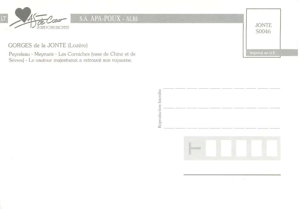 Gorges de la Jonte — Lozère — S.A. APA-POUX - ALBI, n° S0046 - Verso