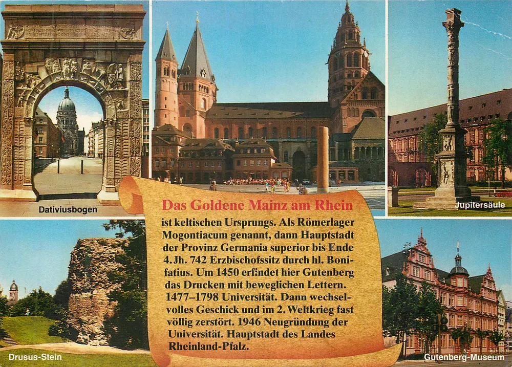 Mainz — Dativiusbogen, Dom, Jupiter-Säule, Drusus-Stein, Gutenberg-Museum — Verlag Metz, Nr. 913/224 KQE - Vorderseite