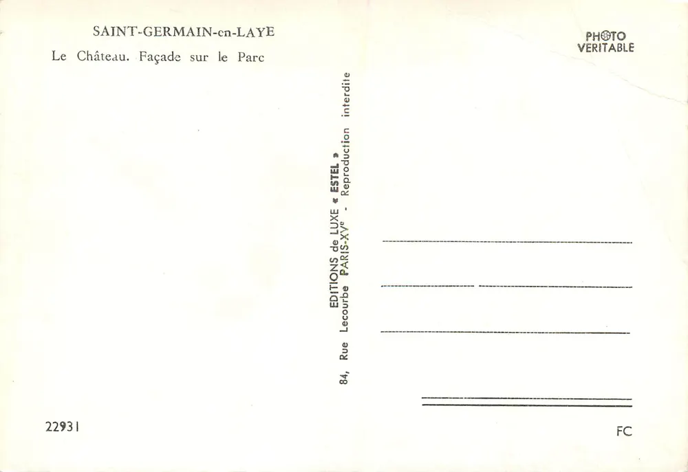 Saint-Germain-en-Laye — Le Château. Façade sur le Parc — Éditions de Luxe Estel, n° 22931 - Verso