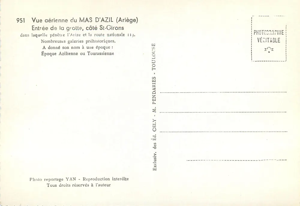 Luftbild des MAS D'AZIL (Ariège) — Eingang zur Höhle, Seite St-Girons — Éd. M. CELY - TOULOUSE - Rückseite