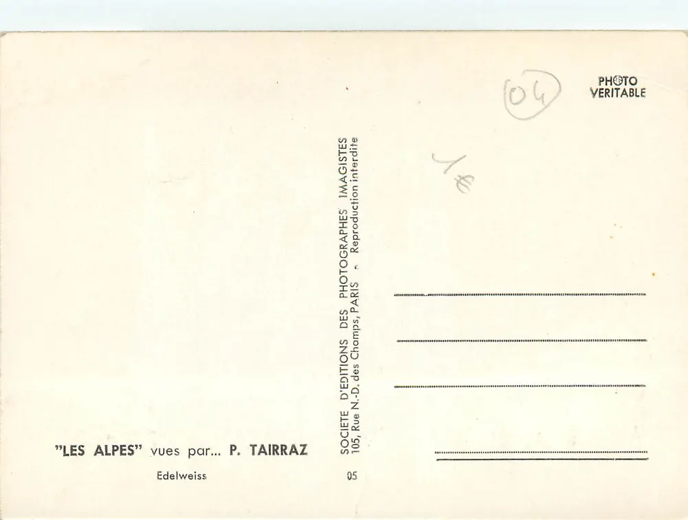 Edelweiss — Les Alpes — P. Tairraz, Paris - Verso