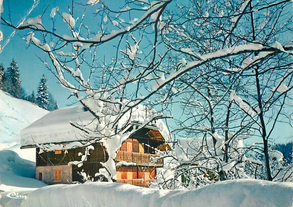 モダン絵葉書 雪と太陽の下で雪の小屋 - 表面