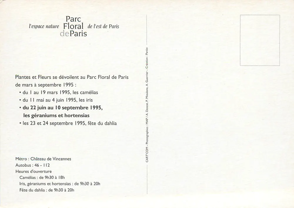 Parc Floral de l'est de Paris — Pflanzen und Blumen im Frühling 1995 — Mairie de Paris - Rückseite