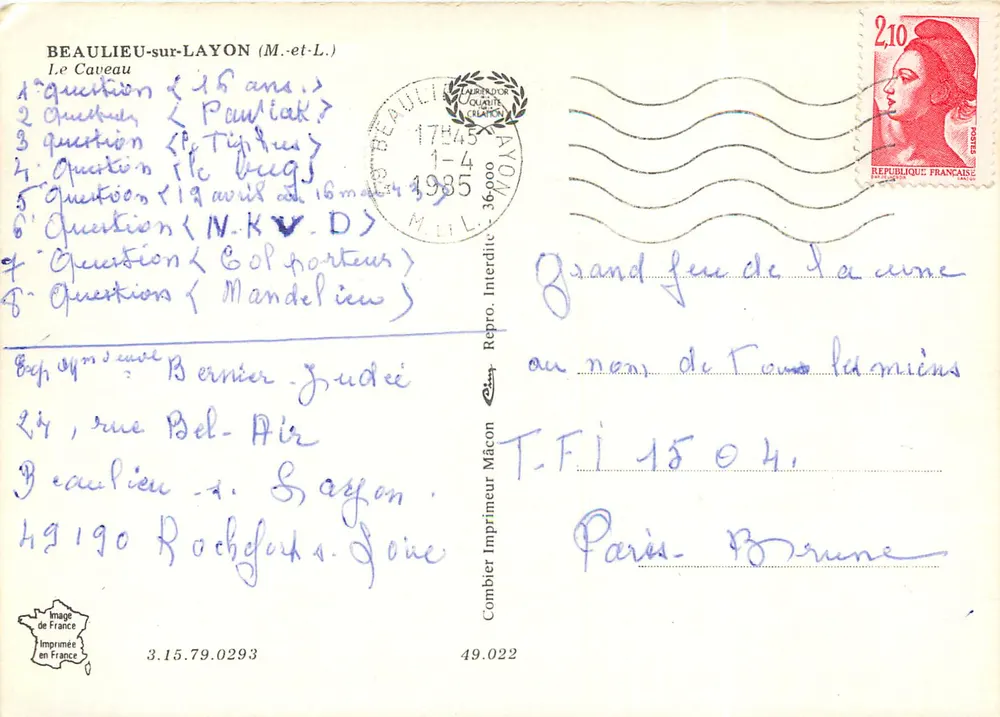 Beaulieu-sur-Layon — O Caveau — Imprimeur Combier - Verso