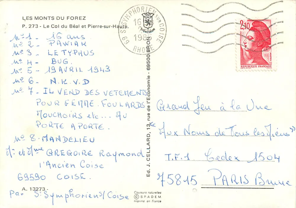 Pierre-sur-Haute (1634m) et le Col du Beal (1390m) — Éd. Ed. J. Cellard, n° 13273 - Verso
