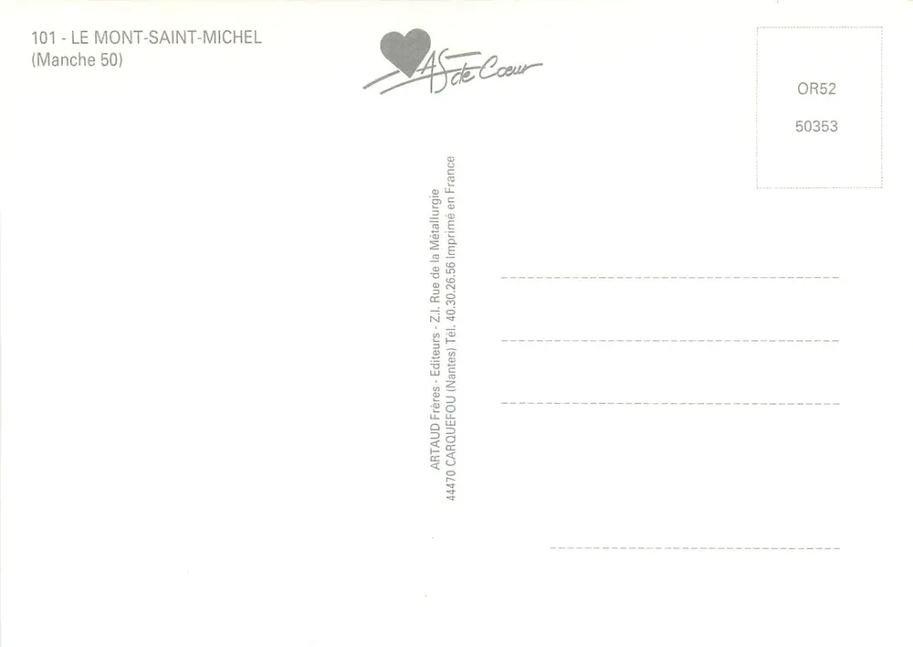 O Monte Santo Michel — vista aérea, pôr do sol, estátua de anjo, fogos de artifício — editor ARtaud Frères, n° 101 - Verso