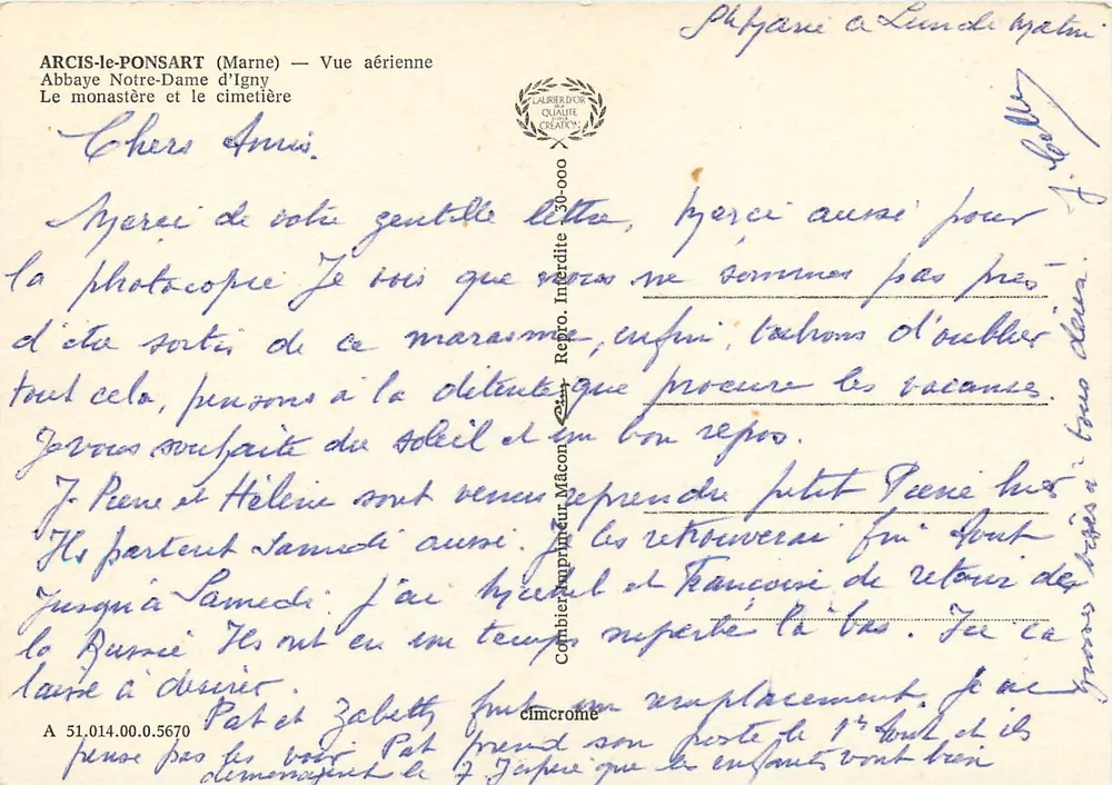 Arcis-le-Ponsart (Marne) — Abtei Notre-Dame d'Igny und der Friedhof — Verleger Cimy - Rückseite