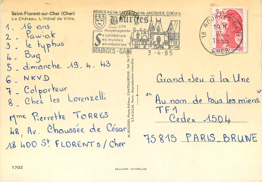 Saint-Florent-sur-Cher — Le Château, L'Hôtel de Ville — M. ROUSSEL, Photo-Éditeur, Paris, n° 1703 - Verso