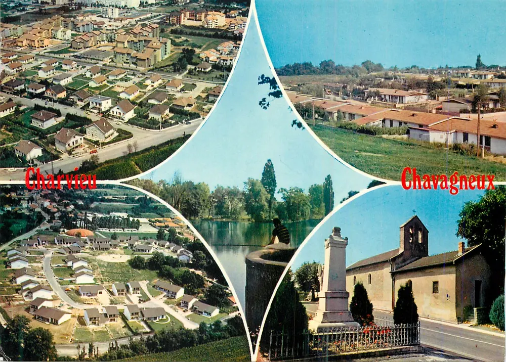 Charvieu-Chavagneux — Luftbild und Denkmal — Drucker Combier, 37-000 - Vorderseite