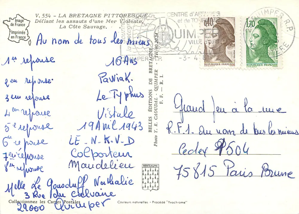 La côte sauvage en Bretagne — V. 554 — Éditions Y.R. Caoudal, Quimper - Verso