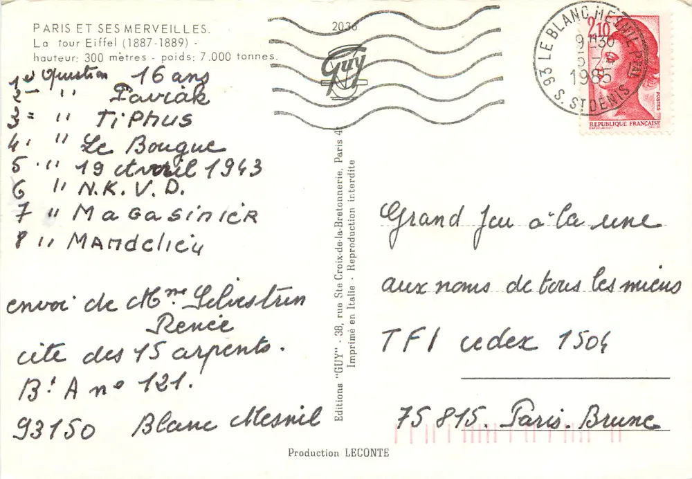 Torre Eiffel — Lembrete de Paris — Éditions GUY - Verso