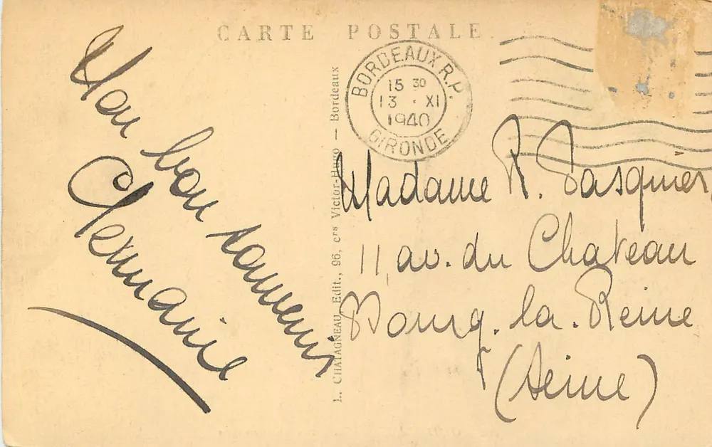 Bordeaux — Praça dos Quinconces — Editor L. Chataigneaux, n°36 - Verso