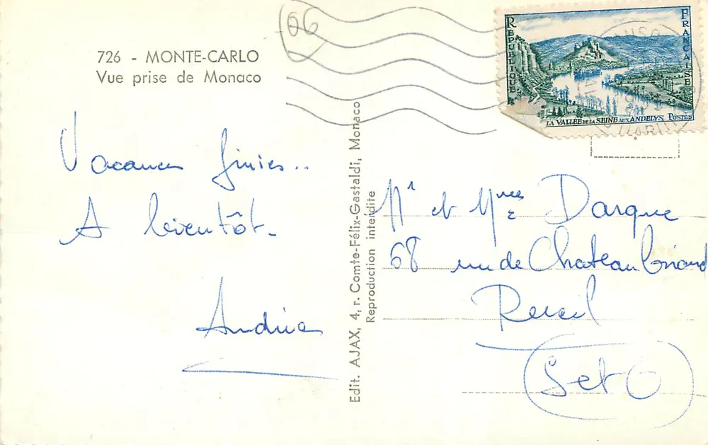 Monte-Carlo — Vista tirada de Mônaco — Edit. AJAX, n° 726 - Verso