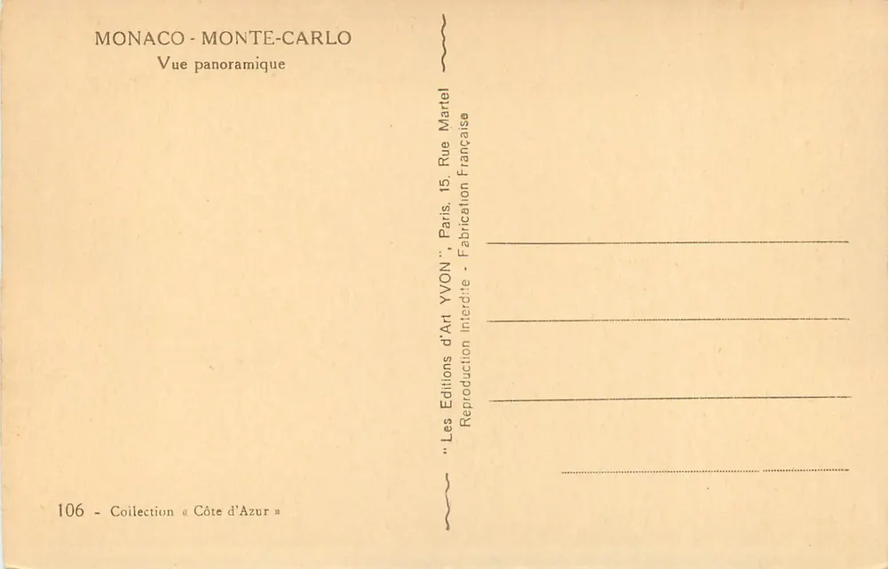 Mônaco - Monte-Carlo — Vista panorâmica — Edições Yvon, Coleção « Costa Azul », n° 106 - Verso