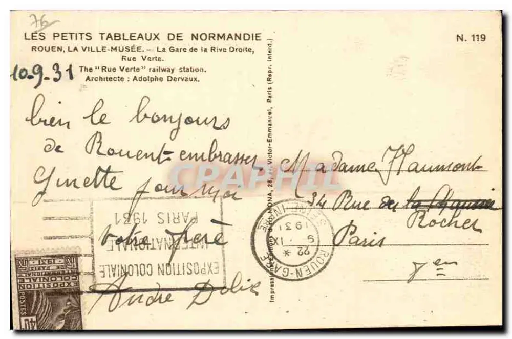 Stazione della Riva destra — Rouen — I Piccoli Quadri della Normandia, N. 119 - Verso