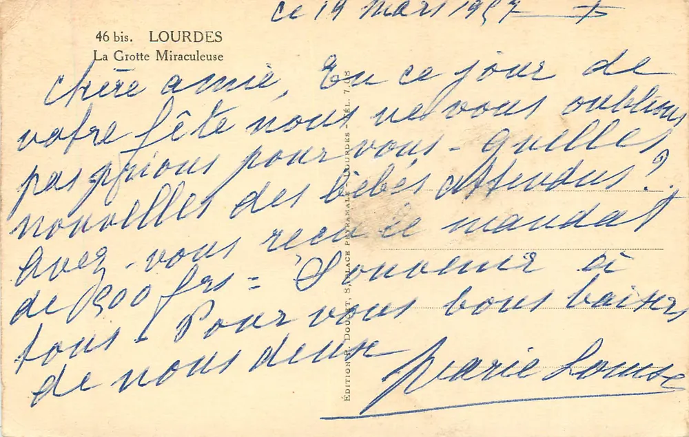 A Grotta Miracolosa — Lourdes — Edições Doucet, Praça Périmal, Lourdes, n° 46 bis - Verso