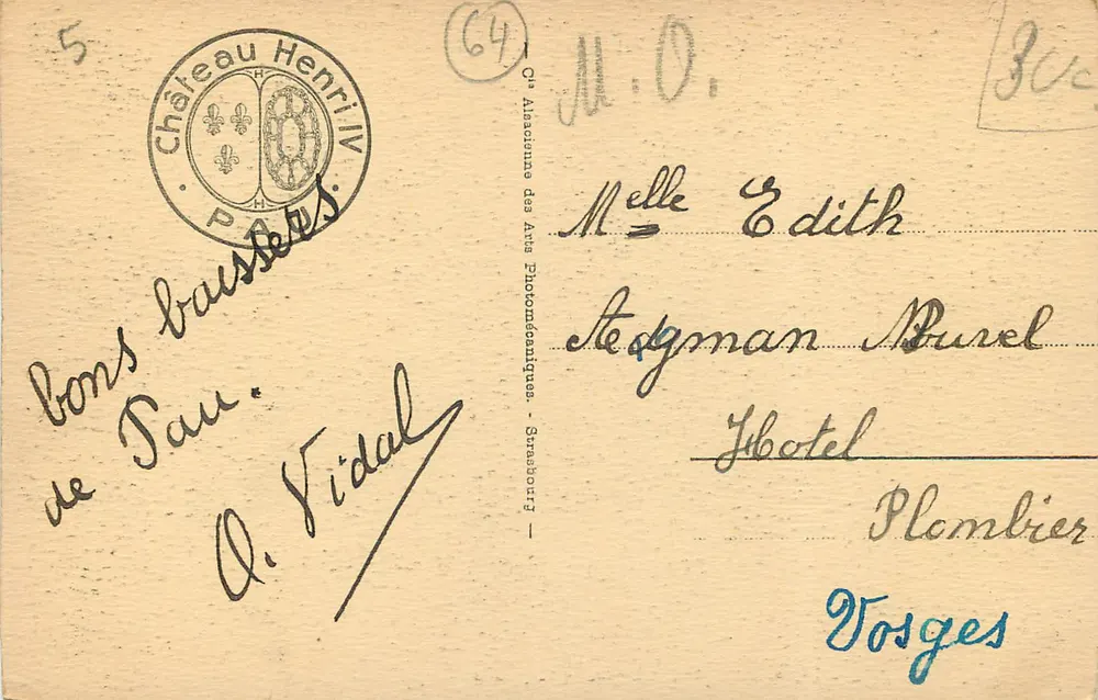 Pau - O Castelo - A Cour d'Honneur — editor A. Vidal, n°14 - Verso