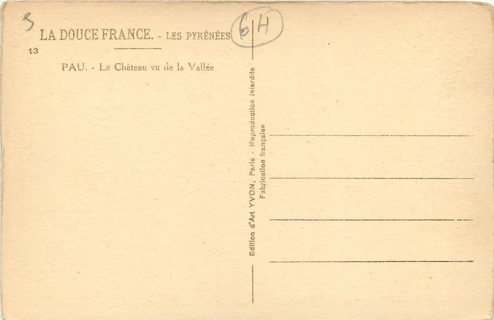 Pau — O Castelo visto da Vale — Édition d'Art YVON, Paris - Verso