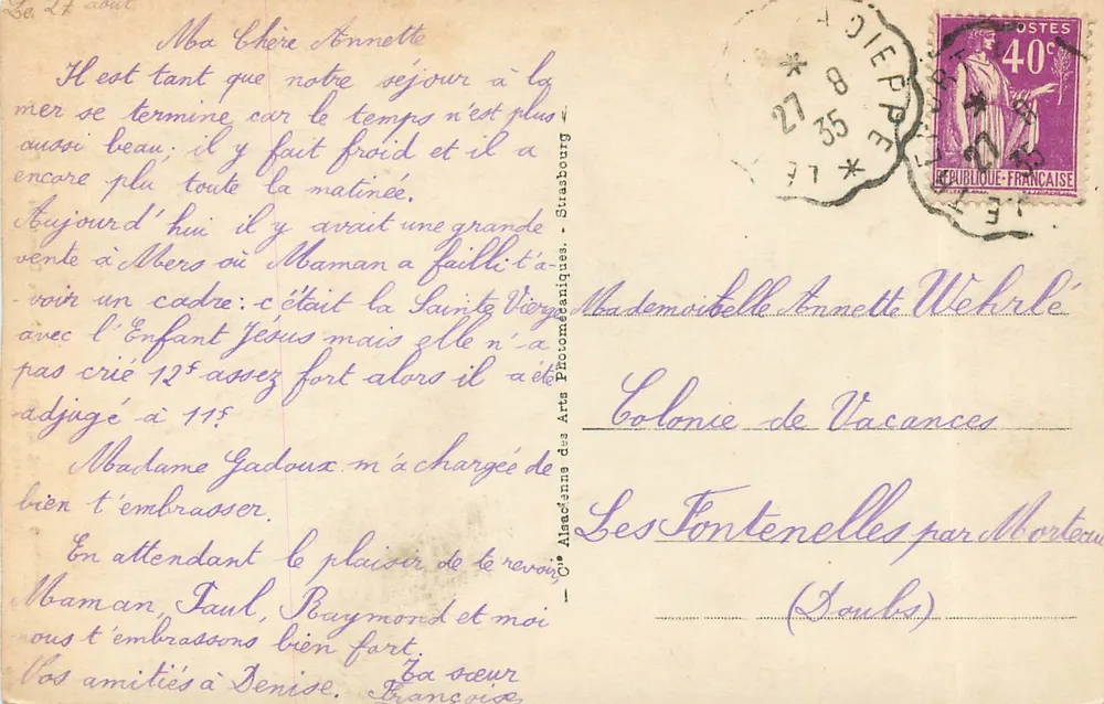 MERS-les-BAINS - Notre-Dame de la Falaise — statue sur piédestal en pierre, éditeur AHA, n°9 - Verso