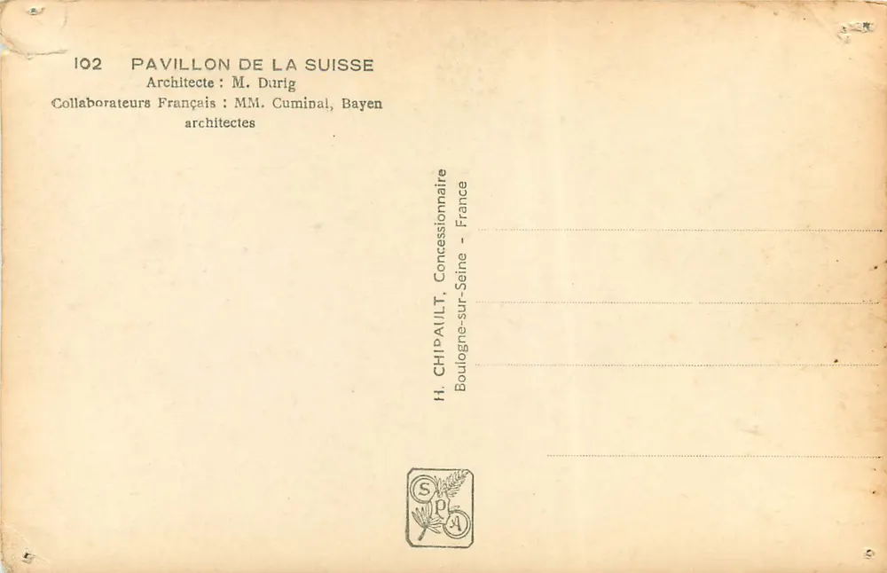 Pavillon de la Suisse — Exposition Internationale Paris 1937 — éditeur H. CHIPAULT, Boulogne-sur-Seine - Verso