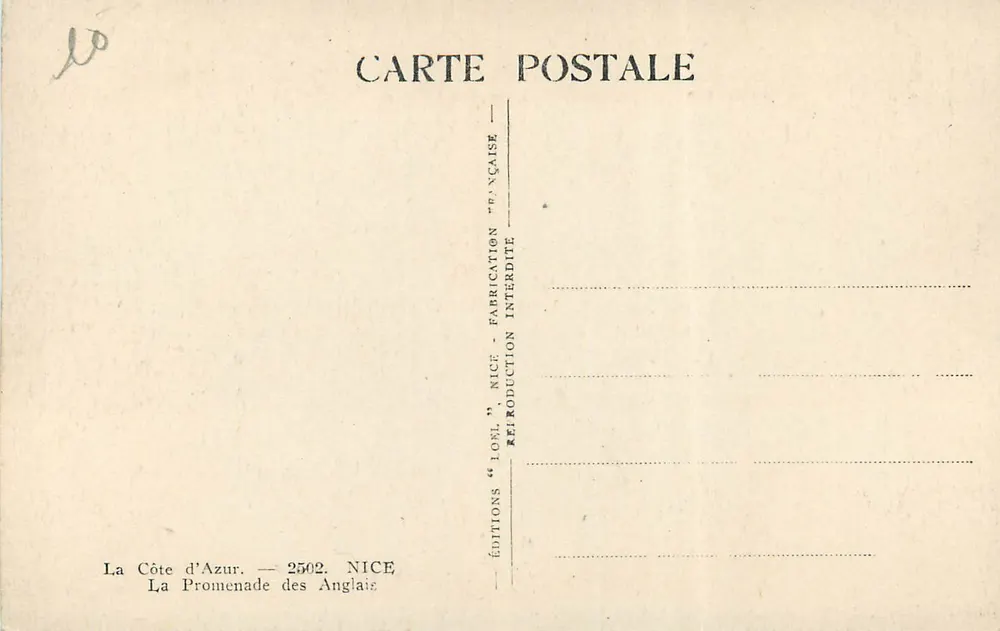 De Kust van Azuur — La Promenade des Anglais — Uitgaven "L'OSL" NICE 2502 - Achterkant