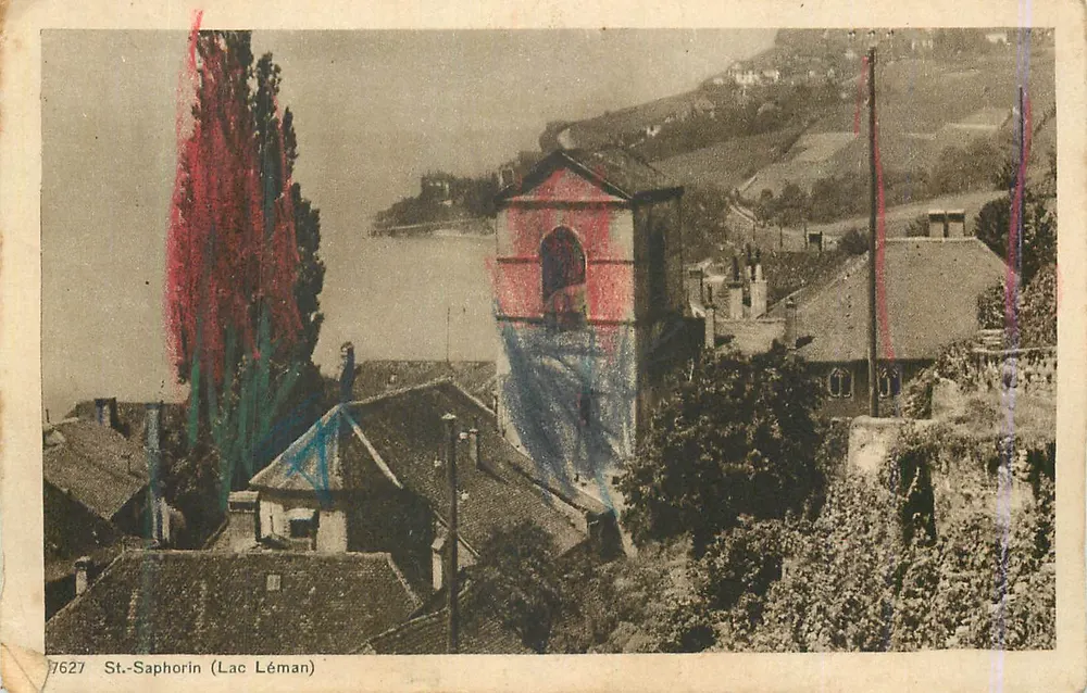 St-Saphorin (Lago Léman) — vista da torre e do lago — Phototypie Co, Neuchâtel n°7627 - Frente