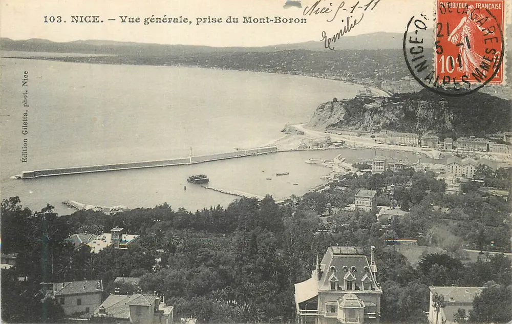 NICE — Vista general, tomada desde el Mont-Boron — Edición Gilletta, Niza, n°103 - Anverso