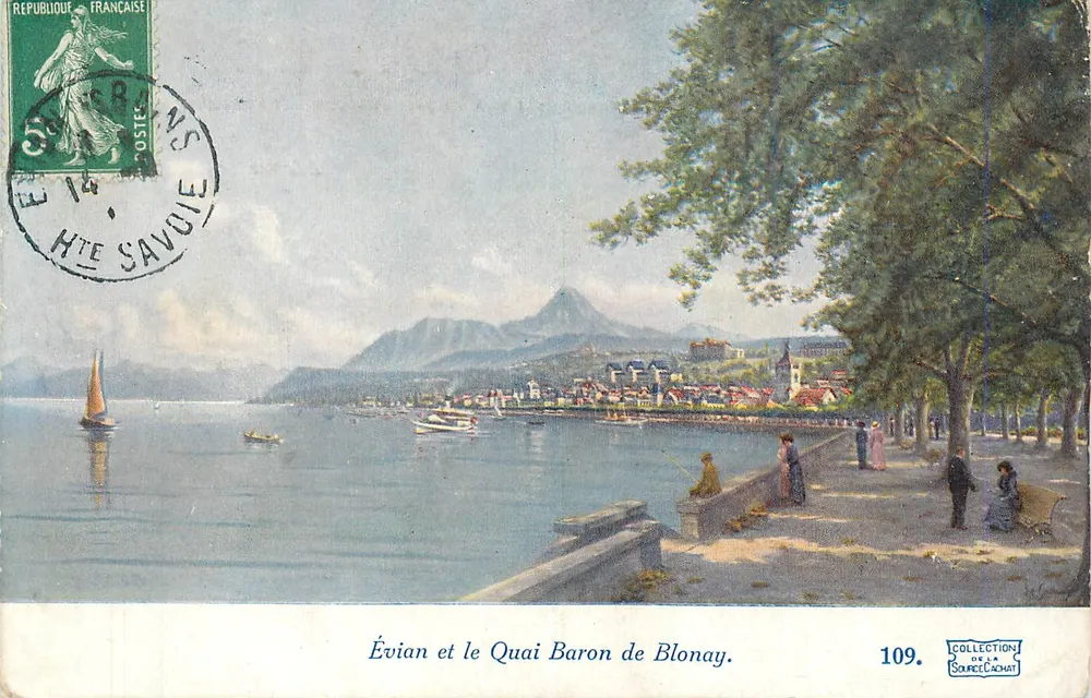 Évian e o Quai Baron de Blonay — vista lacustre com barcos — Coleção da Fonte Cachat, n°109 - Frente