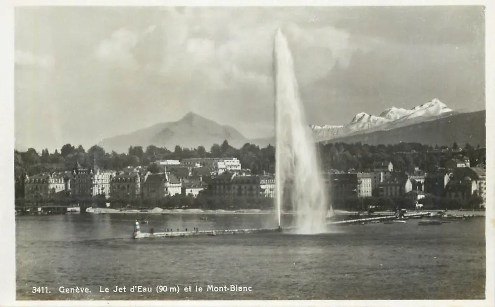 Genebra. O Jato d'Água (90 m) e o Monte Branco — Georges Jacqer, editor, n° 3411 - Frente