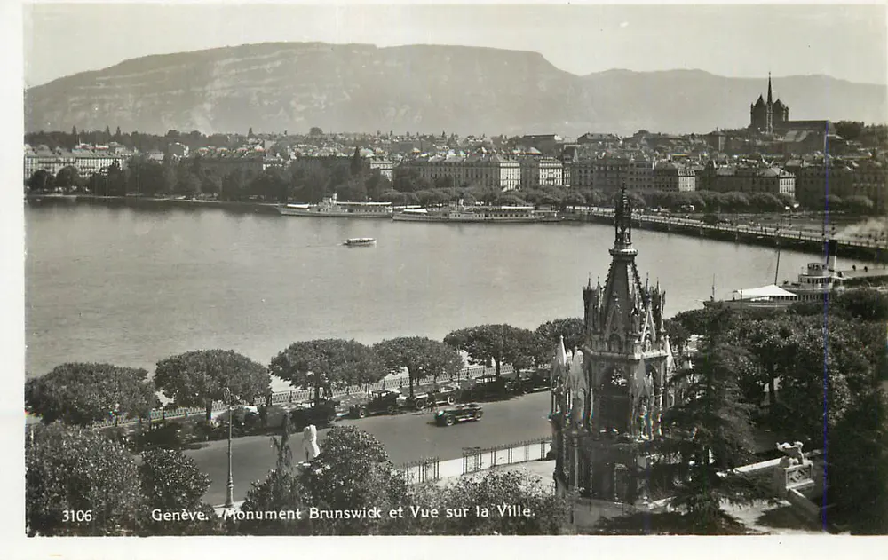 Genève. Monument Brunswick et Vue sur la Ville — Cliché Julien Frères, n° 3106 - Recto