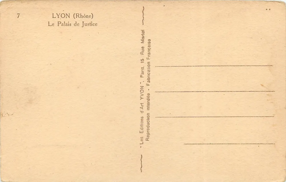 LYON (Rhône) — O Palácio de Justiça — Edições Yvon, Paris - Verso