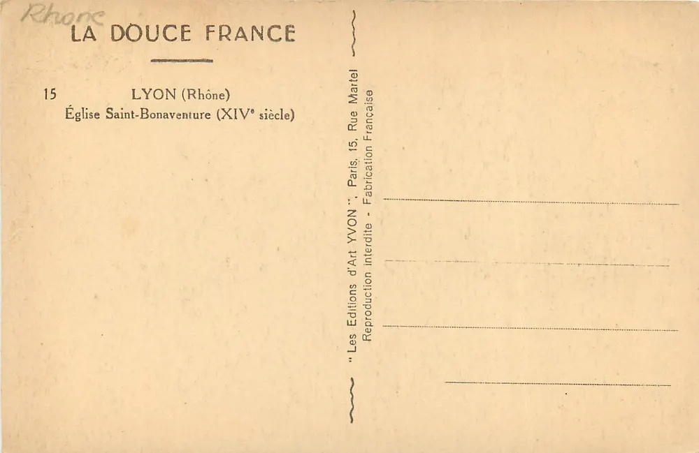 Igreja de São Bonaventura — Lyon (Ródano) — Editor: Les Éditions d'Art Yvon, Paris - Verso