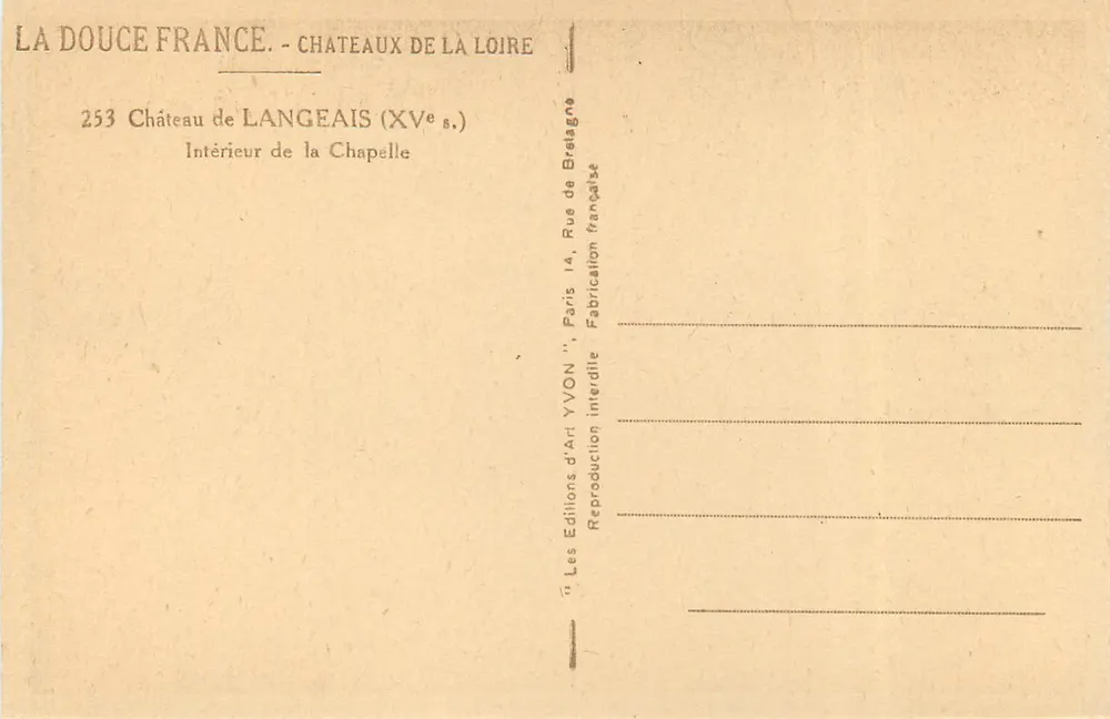 Château de Langeais — Intérieur de la Chapelle — Éditions d'Art YVON - Verso