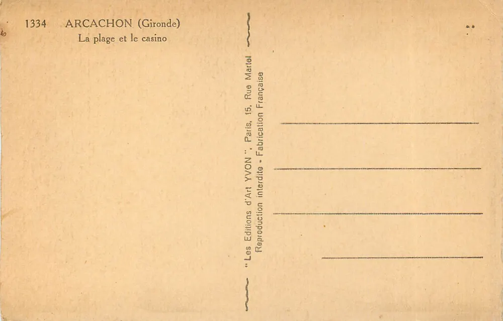 Arcachon (Gironde) — La plage et le casino — Éditions d'Art Yvon, Paris - Verso