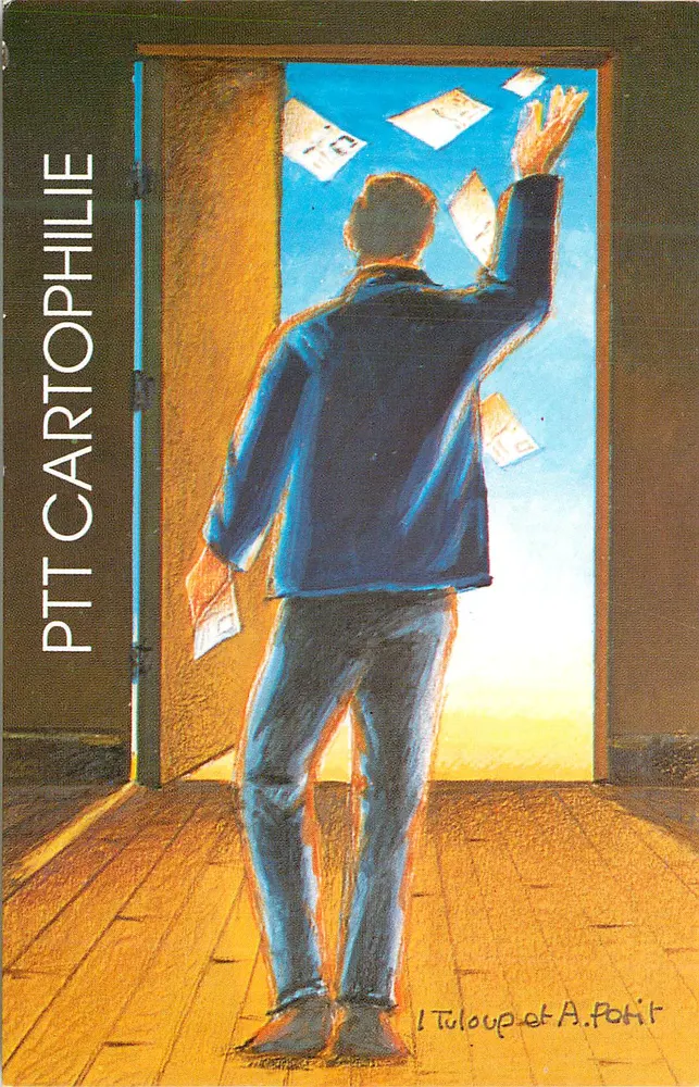Homem jogando cartas por uma porta aberta — PTT CARTOPHILIE — Desenho de J. Tuloup e A. Petit - Frente