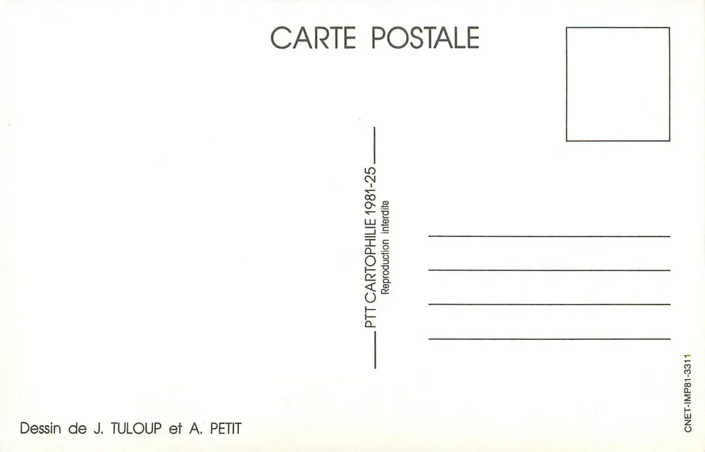 Homem jogando cartas por uma porta aberta — PTT CARTOPHILIE — Desenho de J. Tuloup e A. Petit - Verso