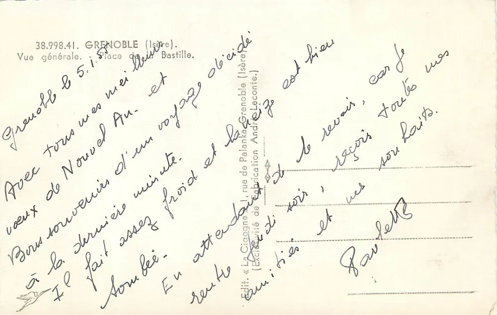 Grenoble — vista geral da praça da Bastilha e do rio — La Cigogne, edição n° 38.998.41 - Verso