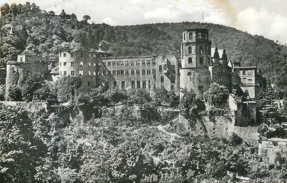 Schloss Heidelberg — Ruínas em uma colina florestada — Königlich Edm. Kunstverlag, n° 221 - Frente