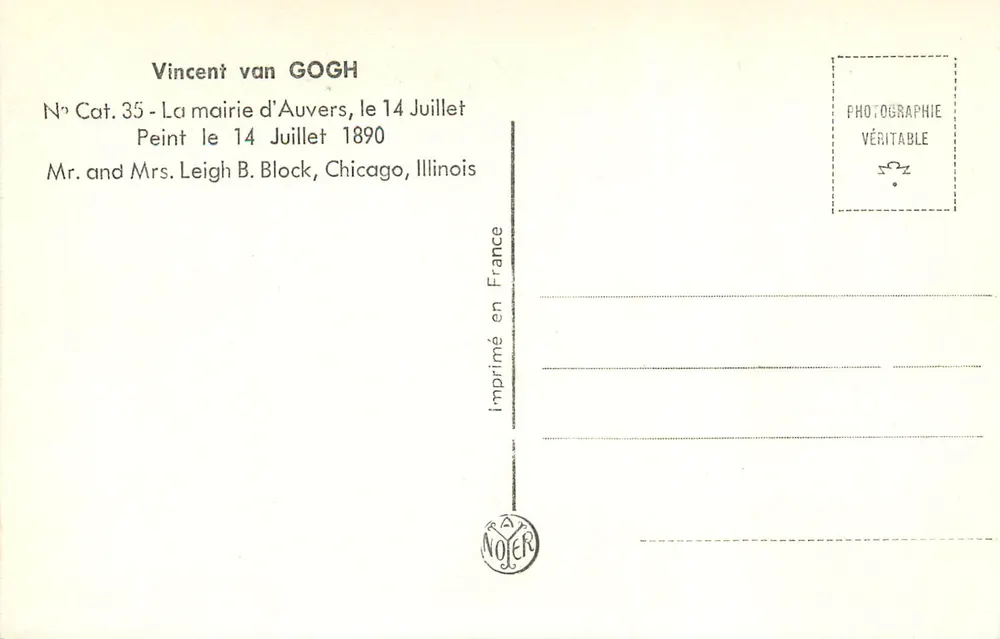 De gemeentehuis van Auvers — schilderij van Vincent van Gogh — uitgave Noïer - Achterkant
