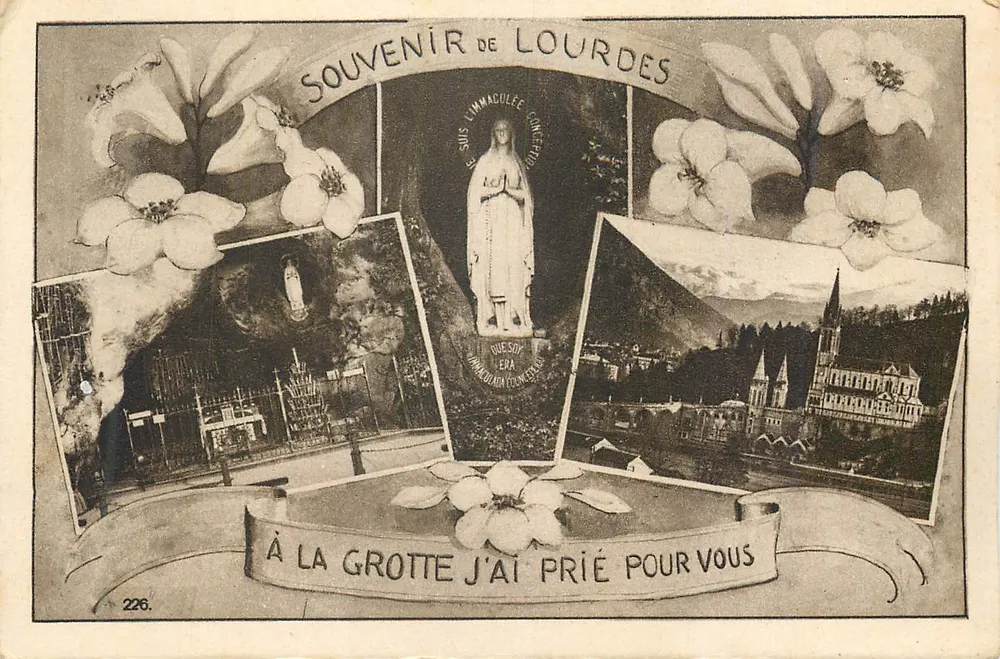 Souvenir de Lourdes — Gruta de Lourdes, estátua de Nossa Senhora, paisagem — Cie des Arts Photomécéniques, Strasbourg, n° 226 - Frente