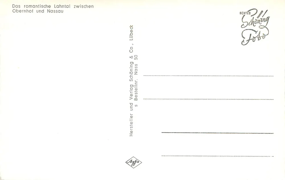 Lahntal zwischen Obernhof und Nassau — Verlag Schönning & Co., Lübeck, Nr. 50 - Rückseite