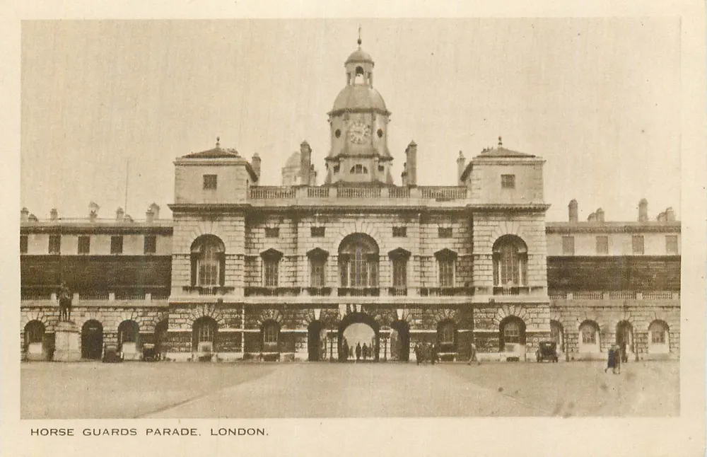 Horse Guards Parade, Londres — vista do edifício com relógio — publicada por D.F. & S. Londres - Frente
