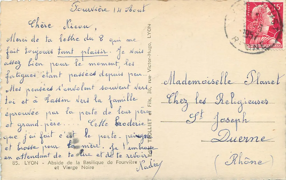 Basilique Notre-Dame de Fourvière — La Vierge Noire — Éditeur TROLLIET et Fils, Lyon - Verso